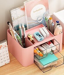 お買い得  -クリエイティブ透明引き出し収納ボックスデスクトップ化粧品オーガナイザー学生大容量ペンホルダースクールオフィス文具用品