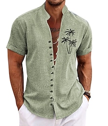 cheap -Men's Shirt Coconut Tree Graphic Prints Stand Collar Blue Purple Green Khaki Gray Outdoor Street Short Sleeve Print Clothing Apparel Fashion Streetwear Designer Casual
