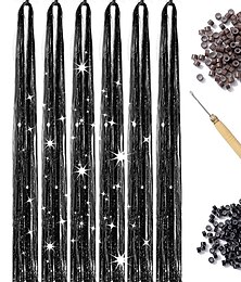 economico -kit tinsel per capelli neri con strumento 6 pezzi 1200 ciocche tinsel per capelli resistente al calore capelli fata scintillanti brillanti estensioni dei capelli tinsel glitter per donne ragazze