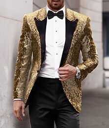 economico -giacca da festa con paillettes da uomo, stile anni '70, stile retrò, casual, tinta unita, monopetto, un bottone, nero, oro, argento, rosso, blu