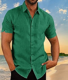 billige -Herre linned skjorte Skjorte Sommer skjorte Strandtrøje Sort Hvid Grøn Kortærmet Vanlig Krave Daglig Hawaiiansk Tøj