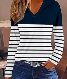 preiswerte -Damen T Shirt Gestreift Bedruckt Täglich Wochenende Basic Langarm V Ausschnitt Marineblau Herbst Winter