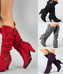cheap -Women's Boots Ladies Shoes Valentines Gifts Slouchy Boots Heel Boots Party Valentine's Day Work Mid Calf Boots Buckle Kitten Heel Round Toe Elegant Vintage Casual Walking Faux Suede PU Zipper Black