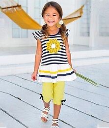 cheap -Toddler Girls' Clothing Set Short Sleeve Yellow Striped Solid Colored Print Cotton Daily Holiday Active Regular / Cute / Spring / Summer