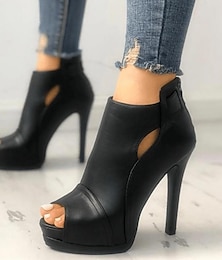 abordables -Botines de plataforma de piel sintética negros con tacón de aguja y punta abierta para mujer, sexys, con diseño recortado, para fiestas y noches