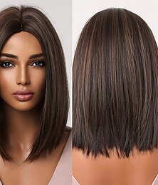 billiga -bruna bob peruker för kvinnor blonda höjdpunkter kort rakt syntetiskt hår mitten del peruk