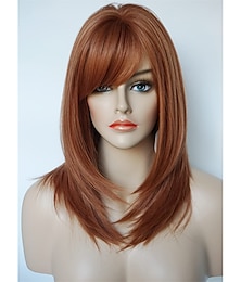 cheap -Medium Length wig for women Copper wig Ginger wig Layered wig with bangs Synthetic wig Highlight for white Women