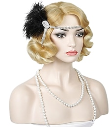 cheap -1920s Flapper Wavy Wig with Headband Finger Wavy Vintage Wig 20s curly wavy wig Dirty Blonde Cosplay Costume Hair