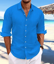 cheap -Men's Linen Shirt Summer Shirt Beach Wear Casual Shirt Button Up Shirt Plain Vacation Casual Light Yellow White Pink Dark Navy Long Sleeve Spring & Summer Clothing Apparel