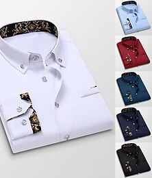 abordables -Hombre Camisa para Vestido Camisa con botones Camisa de cuello Vino Negro Blanco Manga Larga Floral Cuello Vuelto Primavera & Otoño Boda Trabajo Ropa Abotonar