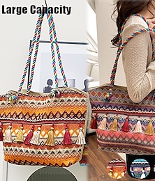 cheap -Women's Tote Shoulder Bag Hobo Bag Straw Bag Polyester Holiday Beach Tassel Zipper Large Capacity Breathable Lightweight Color Block Patchwork Folk Red Blue Orange