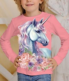 abordables -Fille 3D Graphic Bande dessinée Licorne T-shirt Tee-shirts manche longue 3D effet Eté Printemps Automne Actif Mode Le style mignon Polyester Enfants 3-12 ans Extérieur Casual du quotidien Standard