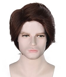 رخيصةأون -باروكة قصيرة بنية داكنة اللون من أجل كوسبلاي، باروكة قصيرة مموجة مقاومة للحرارة من مادة صناعية للرجال، شعر مستعار بلون بني داكن للرجال لحفلات الكرنفال