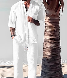 cheap -Men's 2 Piece Shirt Set Summer Set Casual Shirt Black White Gray Long Sleeve Plain Standing Collar Daily Vacation Front Pocket Clothing Apparel Fashion Casual Comfortable