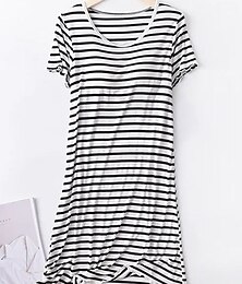 abordables -Camisón de mujer, camisón, vestido a rayas, informal, cómodo, suave, para uso diario en casa, para dormir, transpirable, cuello redondo, manga corta, para verano y primavera