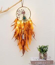 billiga -orange drömfångare handgjord present med fjäder vägghängande dekor konst vindspel boho stil hem hänge 16x50cm / 6,3''x19,69''