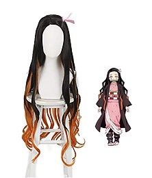 economico -Parrucca cosplay Nezuko da donna, parrucche di Halloween per capelli lunghi neri sfumati con onda arancione
