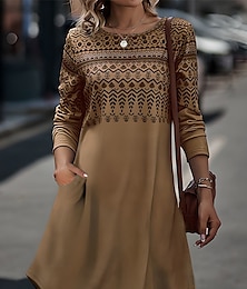 Χαμηλού Κόστους -Γυναικεία Κοντομάνικο φόρεμα Γεωμετρικό Συνδυασμός Χρωμάτων Τσέπη Στάμπα Στρογγυλή Ψηλή Λαιμόκοψη Μίντι φόρεμα Καθημερινά Ημερομηνία Μακρυμάνικο Άνοιξη Φθινόπωρο