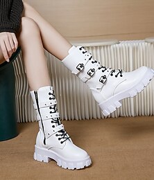 abordables -Botas de combate blancas para mujer: elegantes botas con cordones y plataforma gruesa, correas con hebilla y cremallera lateral