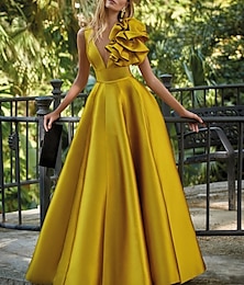 preiswerte -A-Linie Abendkleider Elegant Kleid Formal kleid hochzeitsgast Boden-Länge Ärmellos V Ausschnitt Satin mit Schulterblume 2024
