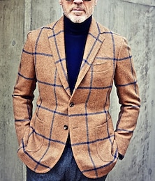 billiga -Herr Kavajjacka Företag Kvällsfest Dagliga kläder Ficka Höst Vinter Polyester Rutig Artistisk Stil Varm Enkelknäppt med Två Knapphål Blazer Svart Brun Grön