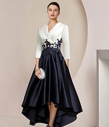 cheap -A-Line Mother of the Bride Dress Formal Wedding Guest Elegant High Low Shirt Collar Asymmetrical Tea Length Satin Lace 3/4 Length Sleeve with Appliques Color Block 2024