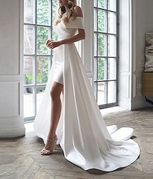 preiswerte -Kleines weißes Kleid Braut-Party Kleider Hochzeitskleider Zweiteilig Off-Shoulder Kurzarm Sweep  Brush Train Satin Braut-Anzüge Brautkleider mit Raffung