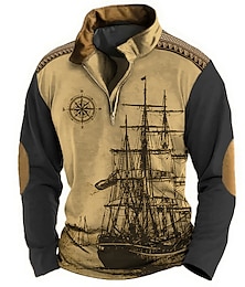 cheap -Sailboat And Compass Mens Graphic Hoodie Ship Prints Daily Classic Casual 3D Sweatshirt Zip Pullover Holiday Going Out Streetwear Sweatshirts Light Brown Black Greek Key Fashion Grey Cotton