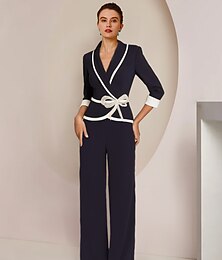billige -To-delt buksedress mor til bruden smoking formell elegant skjortekrage gulvlengde strekk chiffon 3/4 lang erme omslag inkludert med krystaller fargeblokk