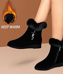 cheap -Women's Boots Snow Boots Suede Shoes Winter Boots Outdoor Daily Solid Color Fleece Lined Booties Ankle Boots Winter Rhinestone Flat Heel Round Toe Elegant Fashion Plush Faux Suede Zipper Black