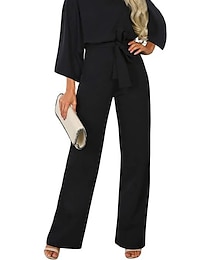 abordables -Mujer Mono Acordonado Alta cintura Color sólido Cuello Barco Elegante Boda Oficina Ajuste regular Manga 3/4 Negro Azul Marino Beige S M L Otoño