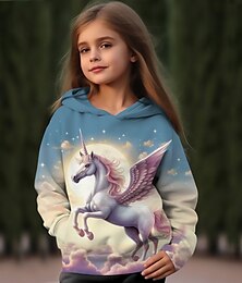 abordables -Fille 3D Bande dessinée Licorne Sweat à capuche Pullover manche longue 3D effet Automne Hiver Actif Mode Le style mignon Polyester Enfants 3-12 ans Extérieur Casual du quotidien Standard