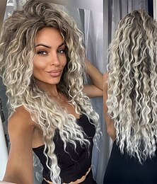 cheap -Halloween Gifts Ombre Ash Blonde Curly Wig Long Wavy Wigs for White Women Fluffy Synthetic Wig 80s Chrismas Carnival Party Wig Costume for Women Big Volume Brown Shades Blonde