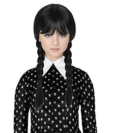 economico -Parrucche Wednesday Addams per ragazze e bambini parrucca lunga e dritta nera intrecciata con frangia parrucca da festa parrucche di Halloween