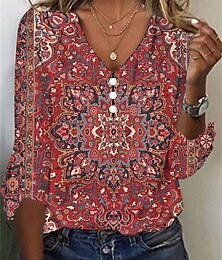 halpa -Naisten T-paita Henley-paita Kukka Vintage Etninen Pyhäpäivä Viikonloppu nappi Painettu Rubiini 3/4 hiha Päivittäin Perus V kaula-aukko Syystalvi