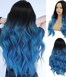 economico -lunghe parrucche ondulate blu ricci ombre per le donne parrucche di capelli sintetici radici scure capelli cosplay festa di halloween tutti i giorni per le donne parrucca piena