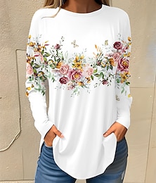 preiswerte -Damen T Shirt Blumen Festtage Wochenende Bedruckt Weiß Langarm Basic Rundhalsausschnitt Herbst Winter
