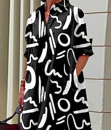 abordables -Mujer Vestido de Camisa Vestido informal Vestido Midi Exterior Oficina Diario Poliéster Moda Moderno Cuello Camisero Botón Bolsillo Manga Larga Otoño Invierno Holgado Bloque de color Pintada