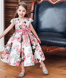cheap -Kids Girls' Dress Party Dress Floral Flower Short Sleeve Performance Wedding Special Occasion Ruched Elegant Vacation Fashion Polyester Midi Party Dress Swing Dress Skater Dress Summer Spring 3-10
