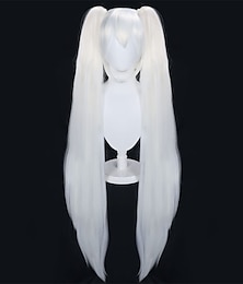 baratos -peruca branca com rabos de cavalo duplos perucas para mulheres longas e retas perucas de cabelo sintético para halloween 2 pigtail com franja peruca para anime cosplay peruca de festa de natal de