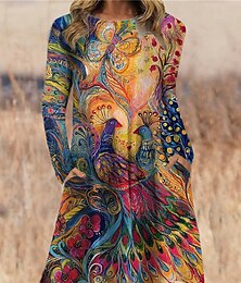 halpa -Naisten Tpaitamekko Painatus mekko Kevätmekko Kukka Geometrinen Tasku Painettu Tiukka pyöreä kaula-aukko Midimekko Päivittäin Deitti Pitkähihainen Kevät Syksy
