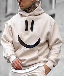 abordables -Sudadera con capucha con cara sonriente para hombre, jersey con estampado gráfico de color caqui, estampados de dibujos animados, ropa de calle deportiva diaria, diseñador básico para primavera&amp;