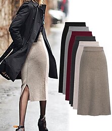 voordelige -Dames Rok Haak Werkrokken Modieus Basic Casual Midi Rokken Effen Splitsen Gebreid Kantoor / Formeel Straat karamel Zwart Wijn khaki Herfst Wollen