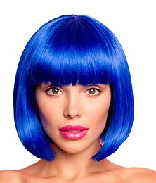 abordables -bleu bob perruque avec une frange 12 pouces royal bleu perruque courte fibre synthétique bob perruques pour les femmes court bob perruques et halloween cosplay bob perruque