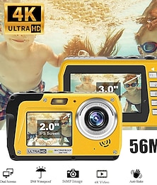 levne -4k30fps vodotěsná kamera 56MP podvodní kamery uhd videorekordér selfie ips duální obrazovky (3/2) 10ft vodotěsná digitální kamera pro šnorchlování na dovolené 1700 mAh