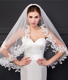 baratos -Véu de casamento com borda de aplique de renda de duas camadas Véus de ponta de dedo com apliques Renda de 95 cm (37,4 pol.)