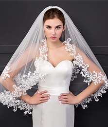 abordables -Voile de mariage à bord en dentelle à deux niveaux avec appliques 95 cm de dentelle