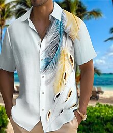 economico -Per uomo Camicia camicia di lino Camicia hawaiana Camicia etnica Piume Esterno Da mare Giallo Blu Maniche corte Collo ripiegabile Estate Primavera Abbigliamento Stampa