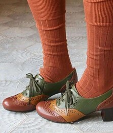abordables -Mujer Tacones Escarpines Bullock Zapatos Zapatos de punta de ala Zapatos antiguos Fiesta Exterior Diario Bloque de color Verano Tacón Cono Dedo redondo Elegante Vacaciones Estilo lindo Cuero Hebilla