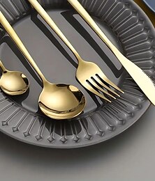 billiga -24 st uppsättning gyllene bestick i rostfritt stål, bestickset spegelbestickset portugisisk bestickssked, västerländskt bestickset, färgglad för bröllopsmat hushållshotellkök och matrestaurang